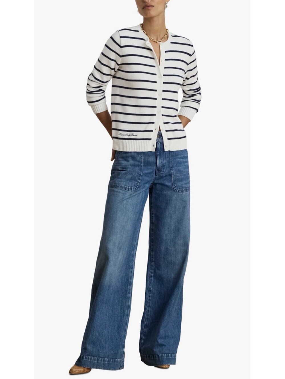 New Lauren Ralph Lauren Striped Cotton Cardigan In White Black Size XS $298